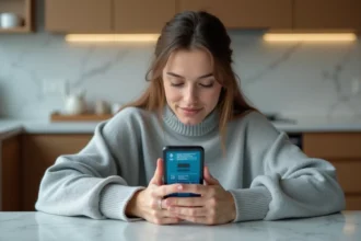 Jeune femme accédant à l'interface Freebox OS depuis son smartphone Android dans une cuisine moderne