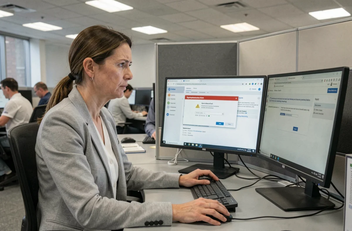 Administratrice en open space gouvernemental face à une erreur de synchronisation sur la messagerie Zimbra Mercure