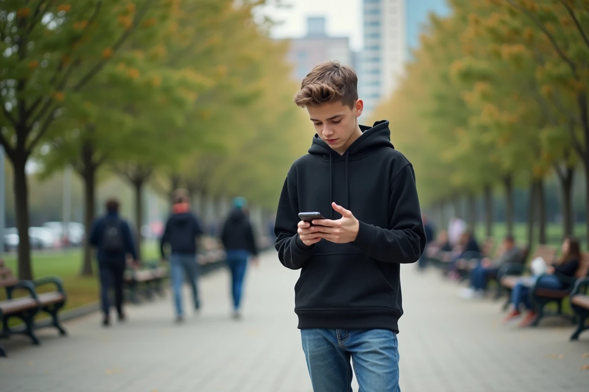 Adolescent dans un parc urbain avec smartphone en main