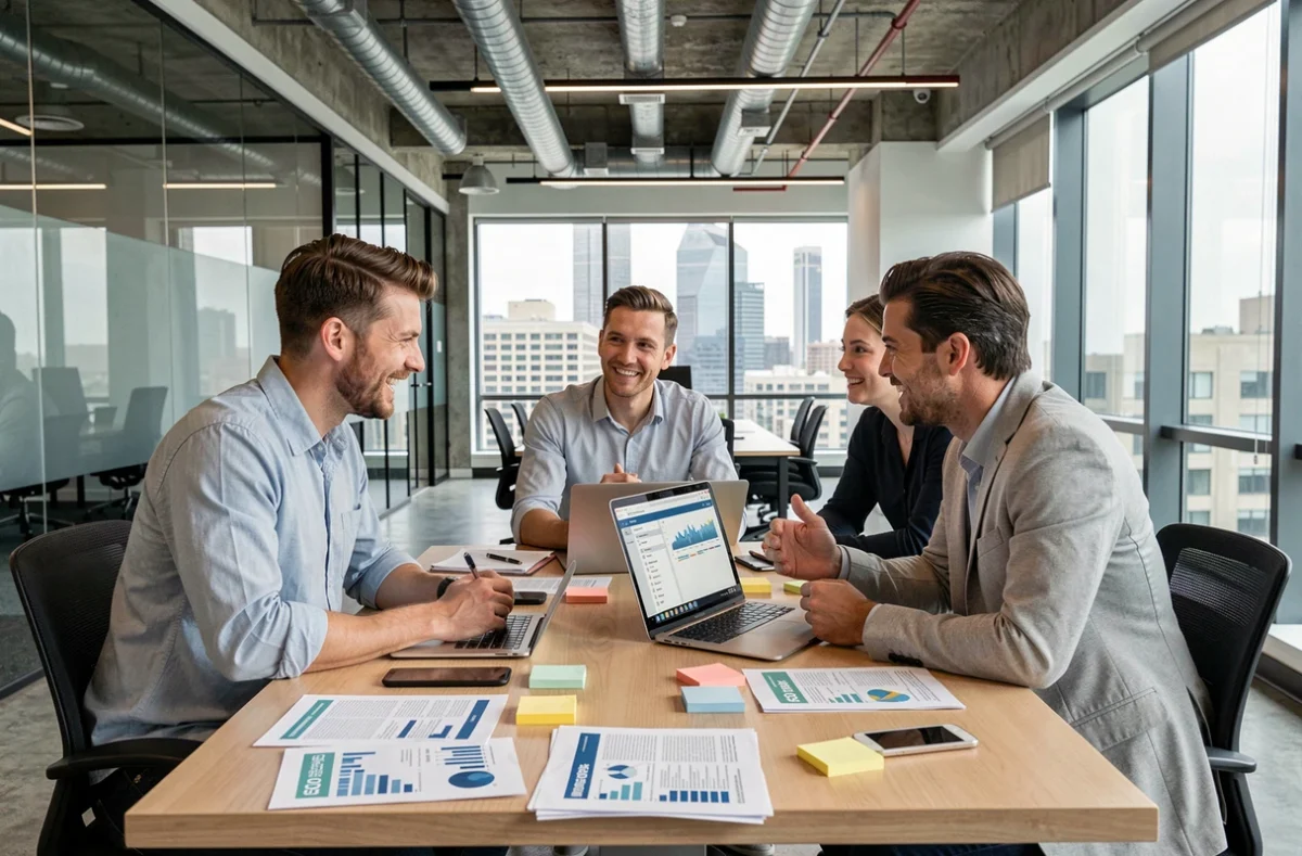 Équipe d'une agence digitale discutant d'une stratégie de croissance SEO autour d'une table de réunion