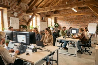 Équipe d'une agence de développement web en Bretagne travaillant dans un espace moderne et collaboratif