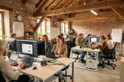Équipe d'une agence de développement web en Bretagne travaillant dans un espace moderne et collaboratif