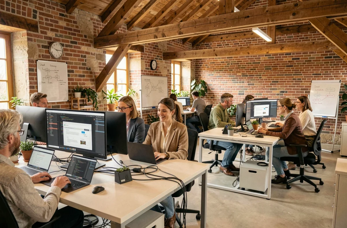 Équipe d'une agence de développement web en Bretagne travaillant dans un espace moderne et collaboratif