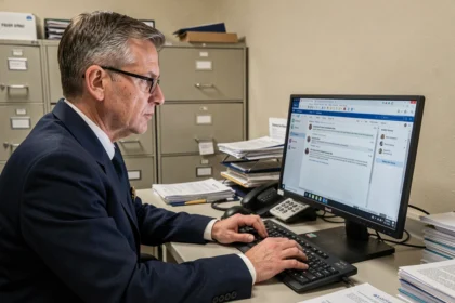Agent des douanes consultant sa messagerie Zimbra sur ordinateur avec des messages d'erreur visibles à l'écran