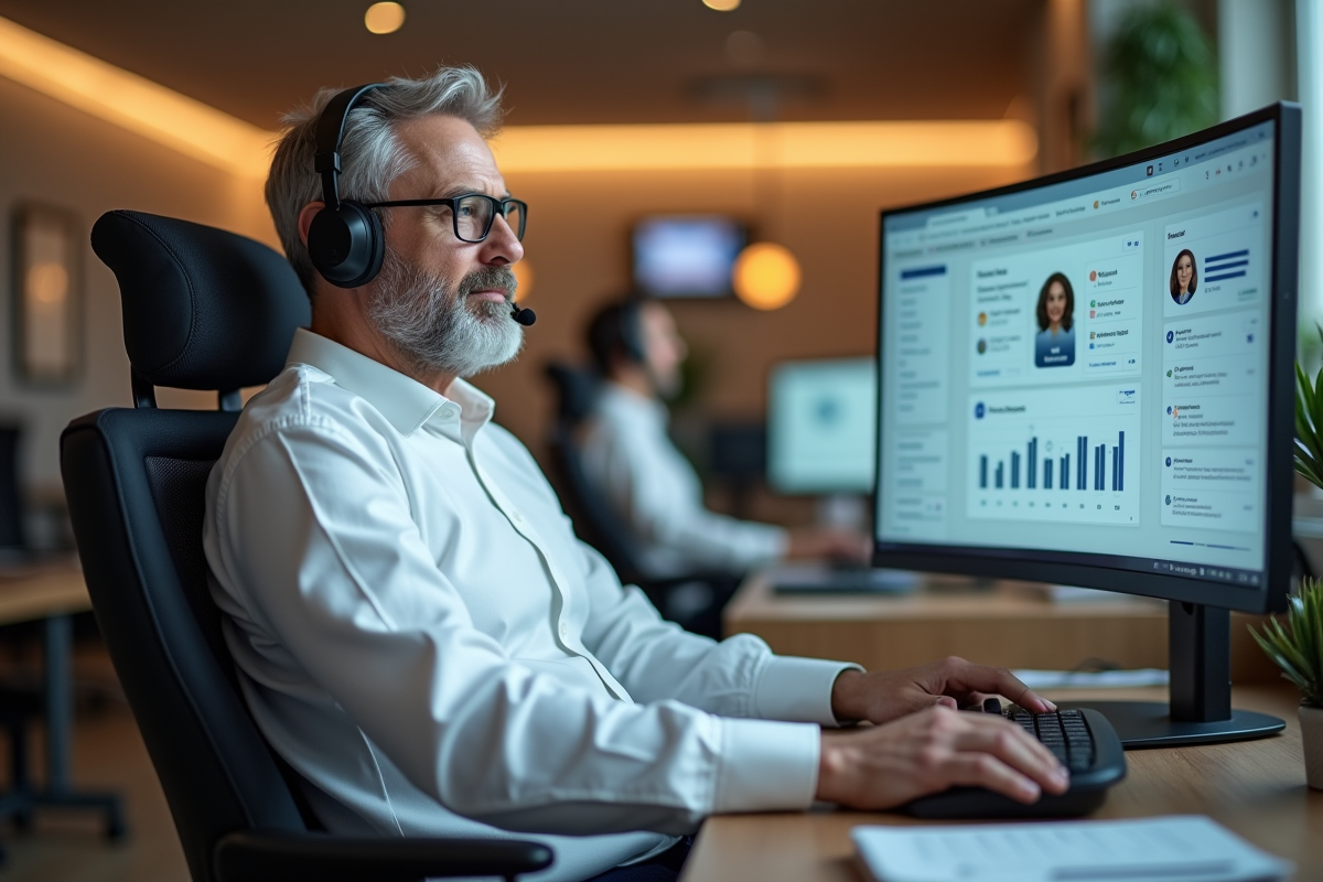 Agent support homme surveillant un tableau de bord chatbot