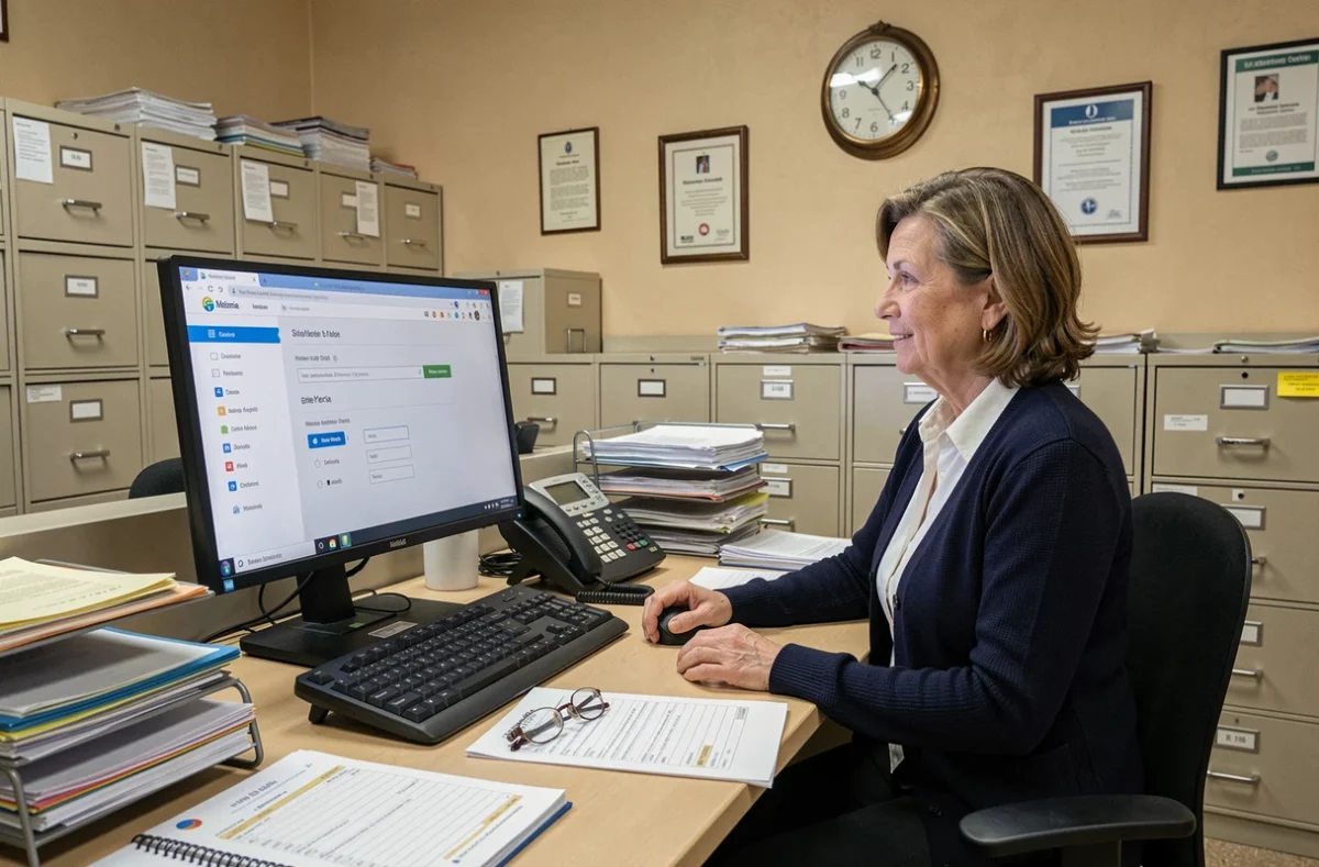 Agente administrative configurant les réglages de Mélanie web sur un grand écran dans un bureau institutionnel français