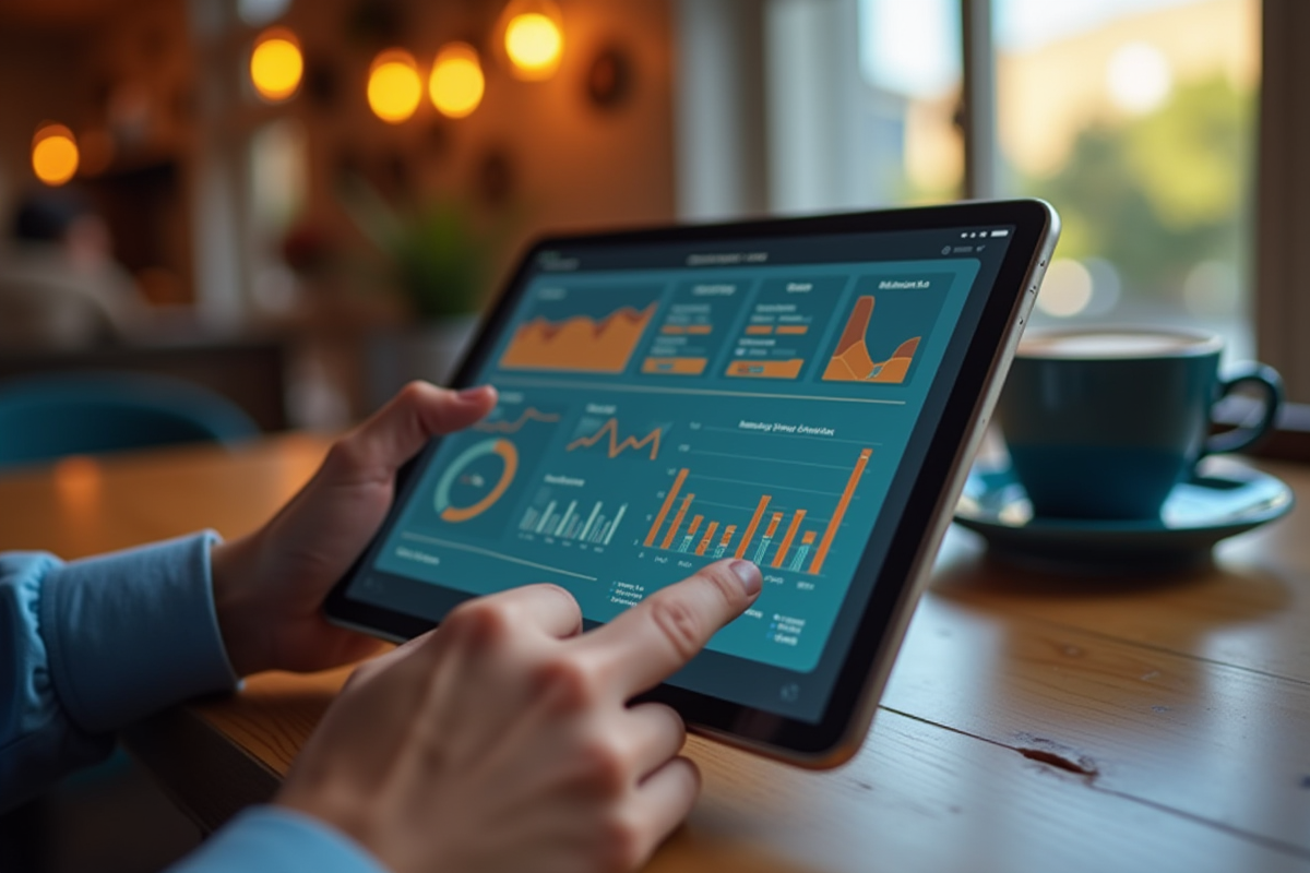 Mains tenant une tablette analysant un tableau de bord web dans un café
