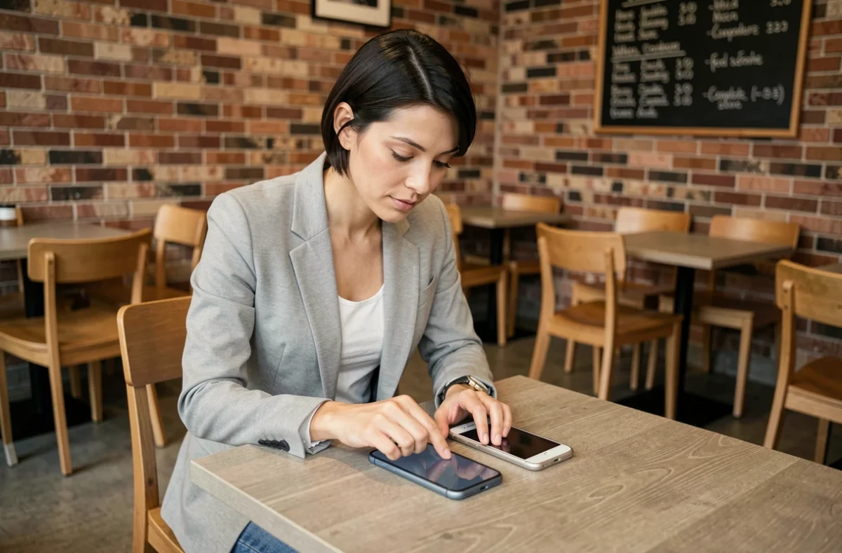 Femme analysant deux smartphones posés sur une table de café, comparaison des caractéristiques du Samsung Galaxy S24 et S23 dans un environnement urbain moderne