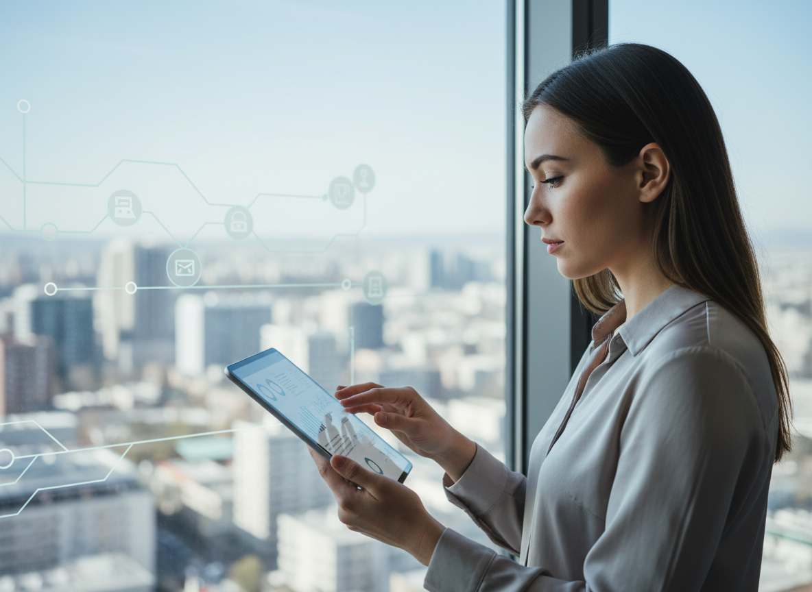 Jeune femme analyste en cybersécurité avec tablette dans un espace de coworking