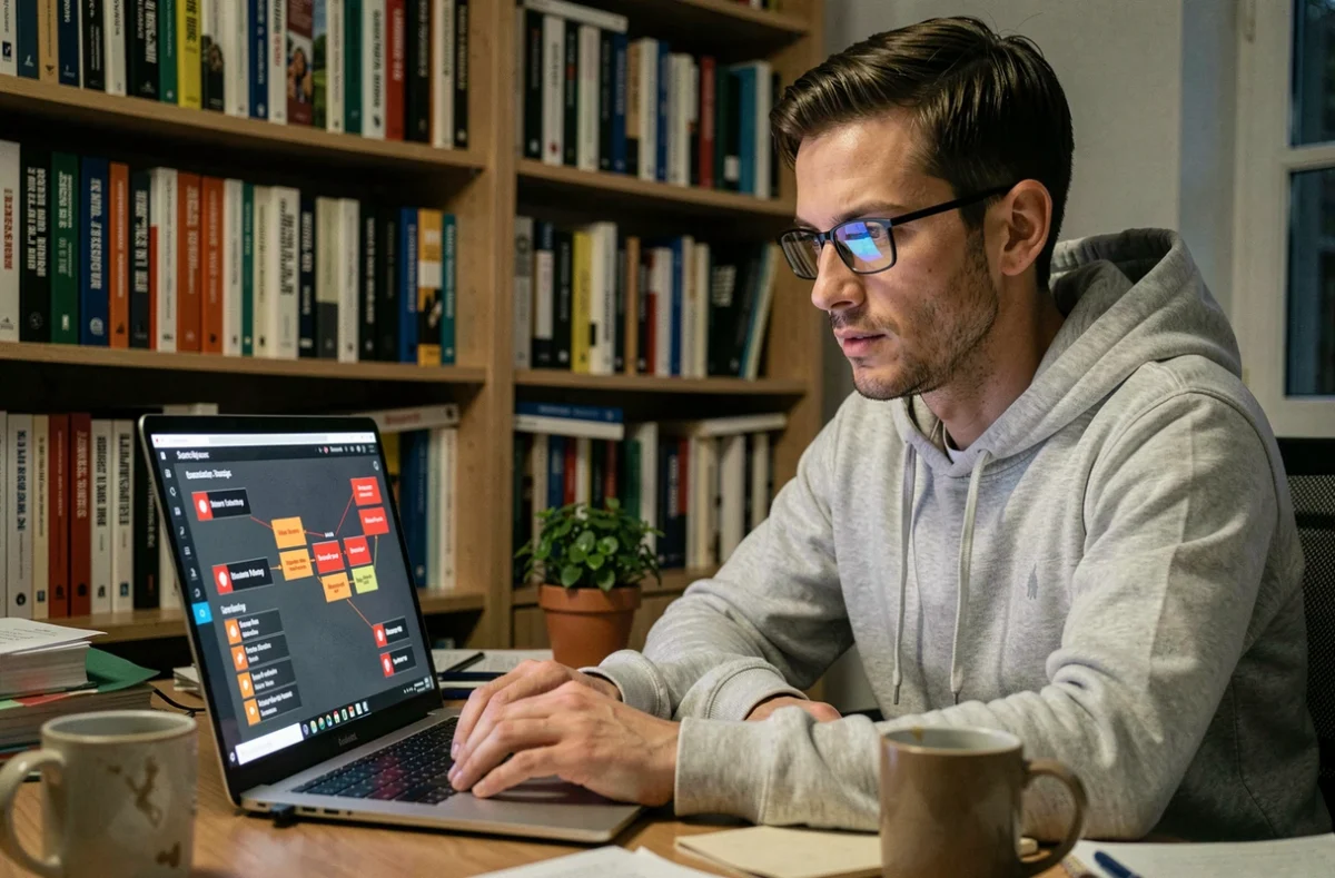 Analyste en sécurité informatique travaillant seul à son bureau à domicile sur un modèle de sécurité avec des vulnérabilités identifiées, illustrant les pièges à éviter en sec model