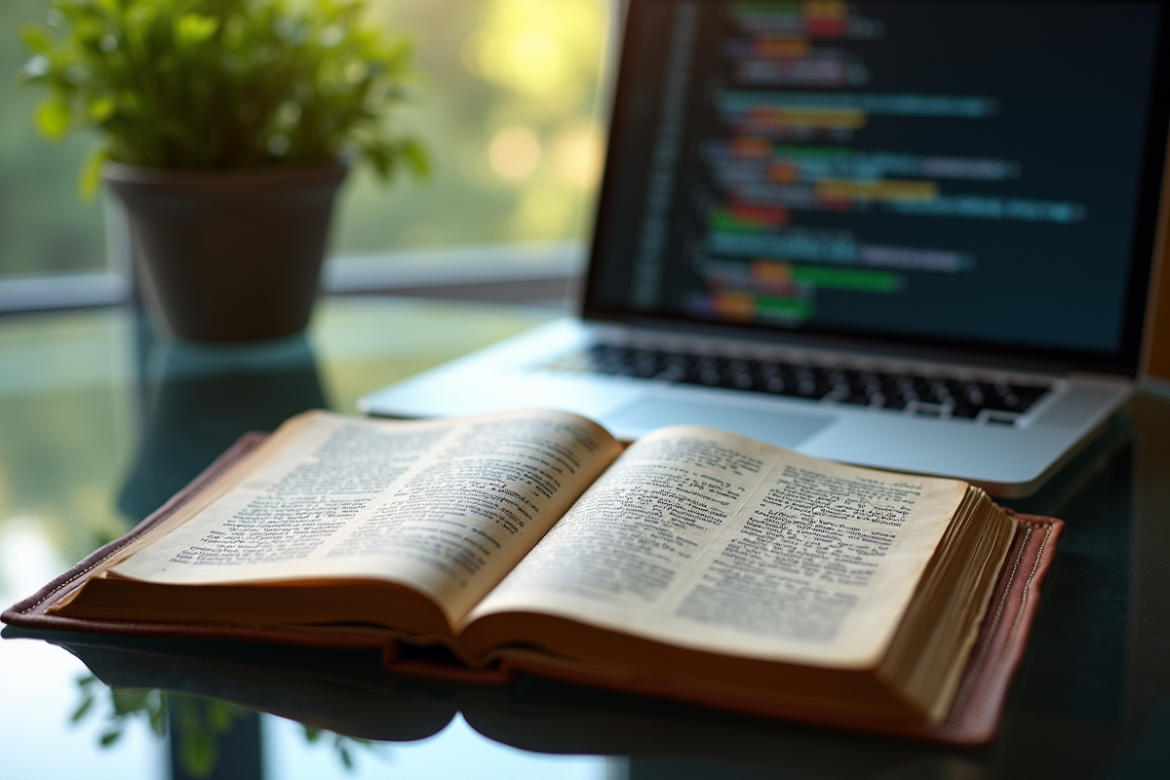 Manuscrit ancien en latin sur un bureau moderne avec un ordinateur