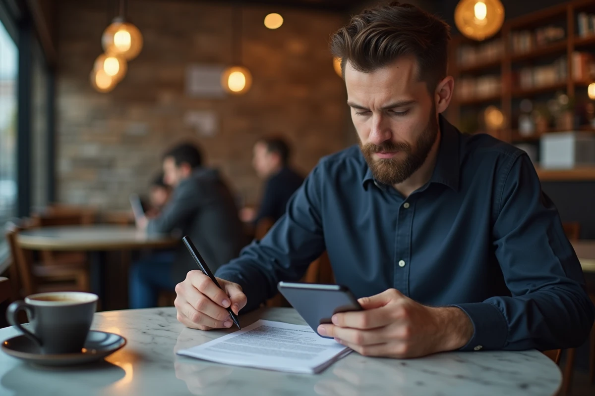 Homme annotant un document PDF sur smartphone Android avec un stylet dans un café