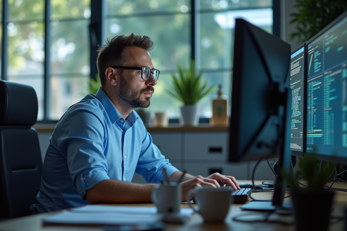 Auditeur IT homme regardant écrans de logs et diagrammes