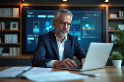 Auditeur IT homme en costume dans un bureau moderne