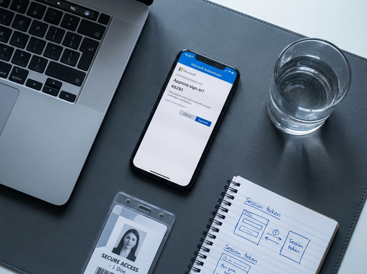 Vue aérienne d'un bureau avec smartphone affichant une notification MFA Microsoft Authenticator, badge de sécurité et notes manuscrites sur le vol de token de session