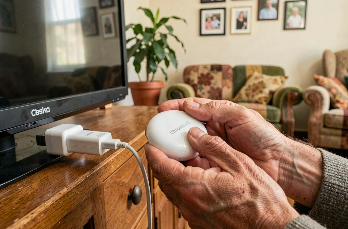 Gros plan sur des mains branchant un Chromecast et son alimentation USB sur un téléviseur ancien