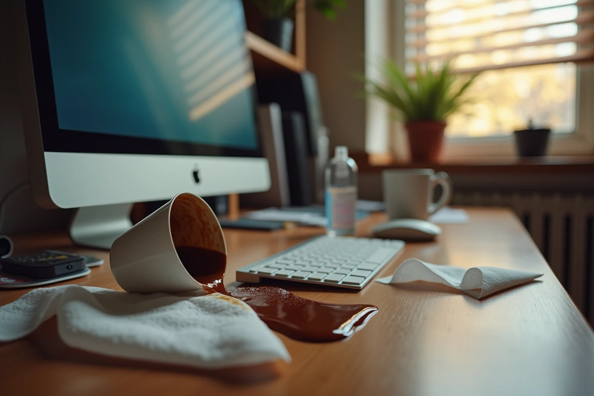Bureau en désordre avec tasse de café renversée près d'un écran d'ordinateur et essuie-tout pour nettoyage d'urgence