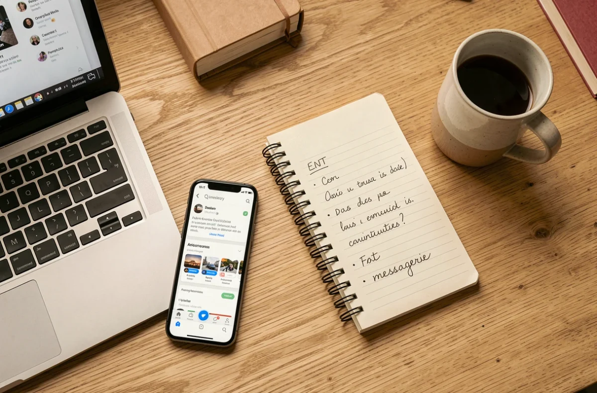 Vue de dessus d'un bureau étudiant avec ordinateur portable, smartphone et notes manuscrites sur le webmail et l'ENT