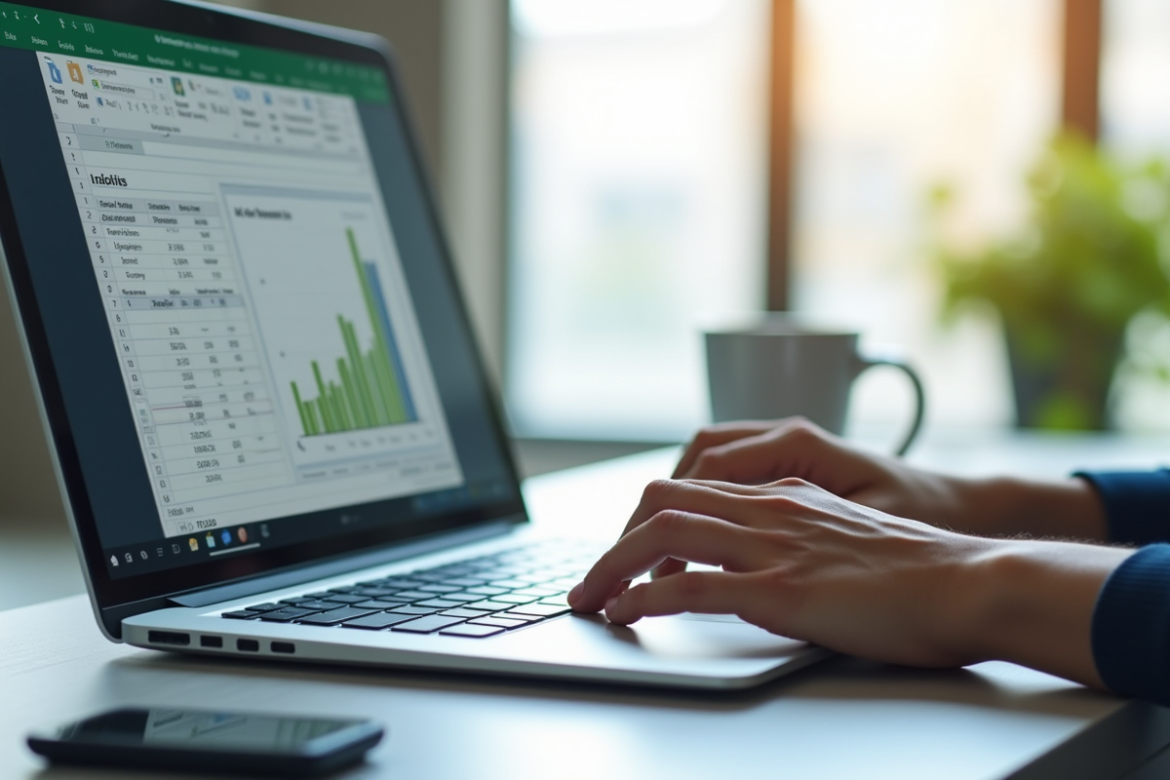Bureau moderne avec ordinateur portable affichant un tableau Excel