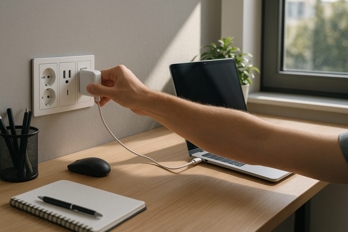 Photo hyperrealiste d'un bureau moderne avec prise électrique et ordinateur