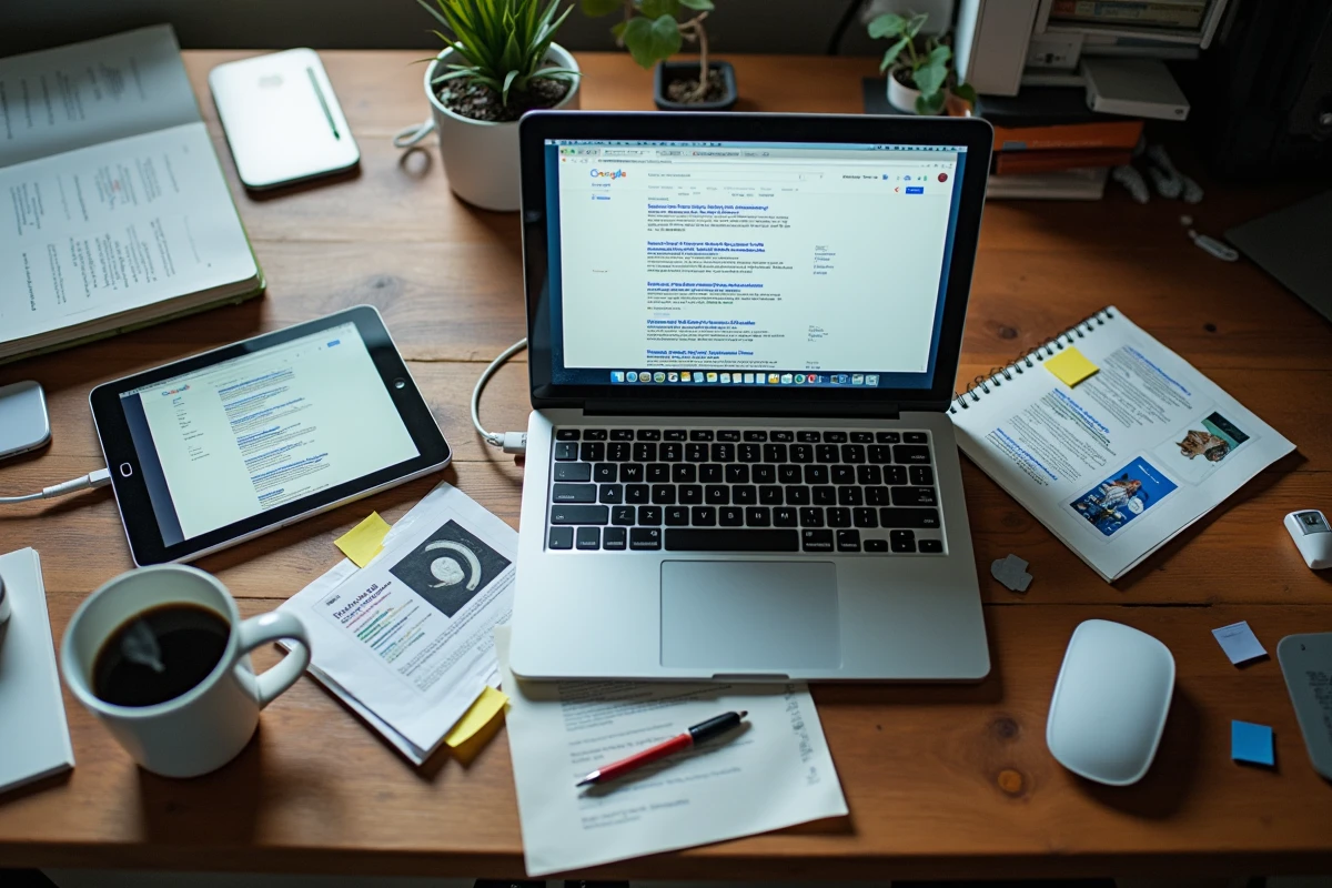 Vue aérienne d'un bureau de travail avec des impressions de captures d'écran Google et un laptop affichant un effet de rotation
