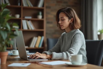 Femme alarmée devant son ordinateur portable avec du café renversé sur le clavier et l'écran