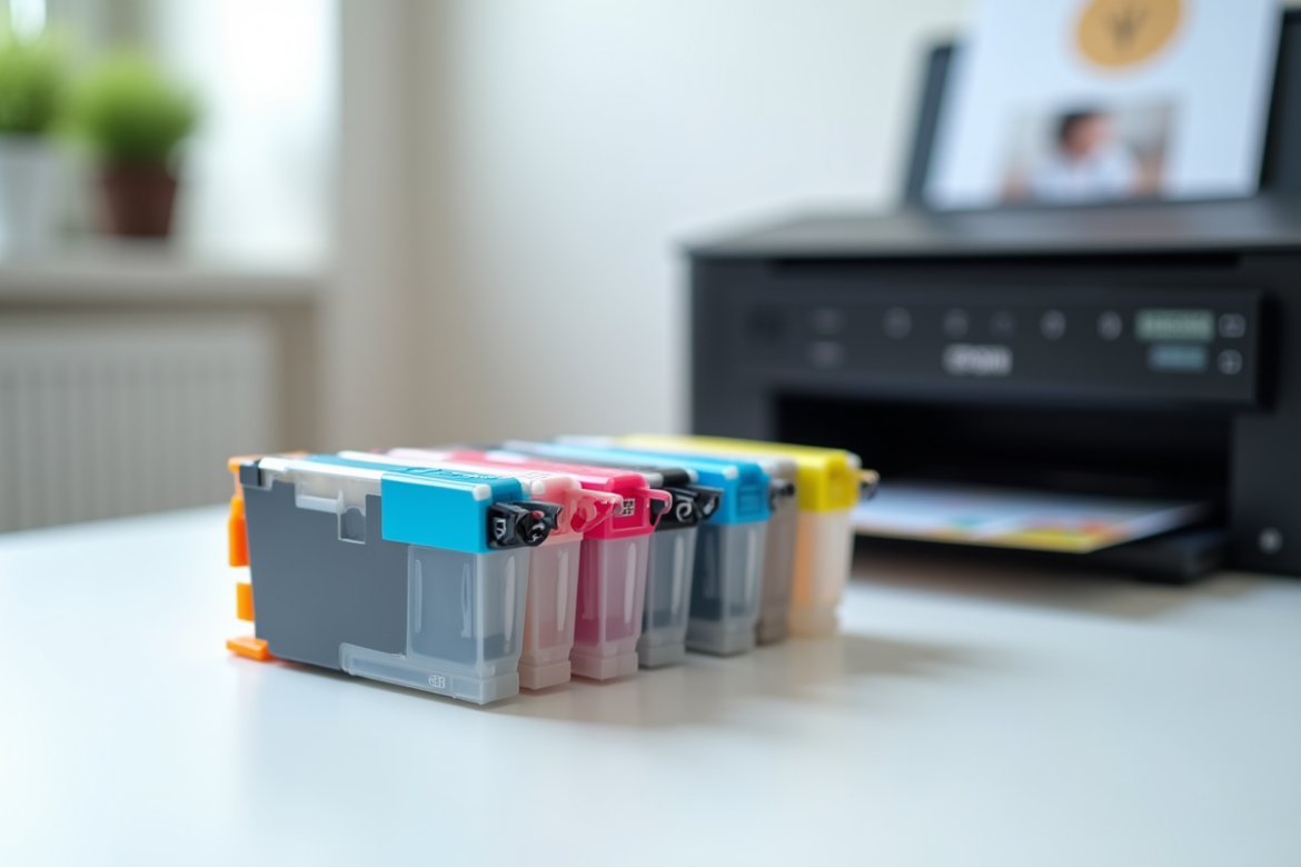 Cartouches Epson E2996 alignées sur un bureau lumineux