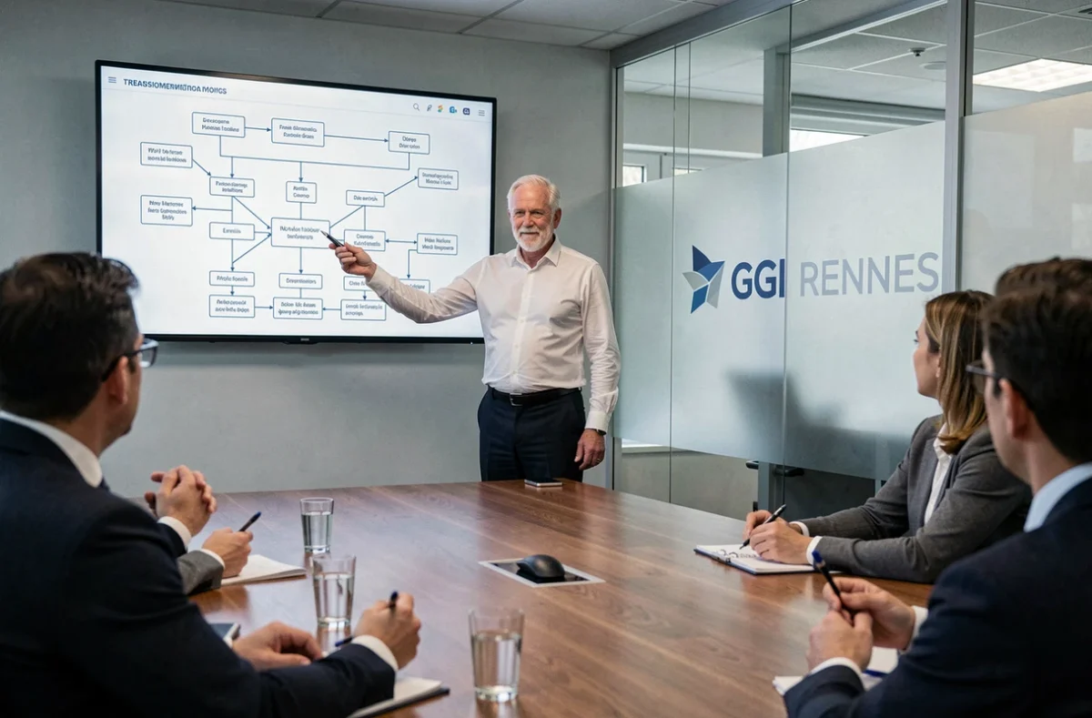 Consultant senior de CGI France animant une réunion sur le développement web grands comptes en Bretagne