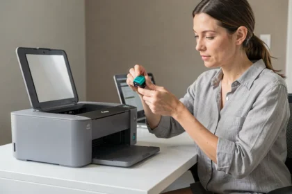 Femme retirant une cartouche d'encre cyan vide d'une imprimante Canon PIXMA sur un bureau de bureau à domicile