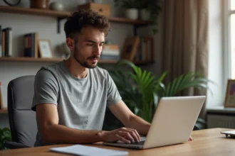 Homme changeant son adresse IP depuis son bureau à domicile avec un routeur Wi-Fi visible