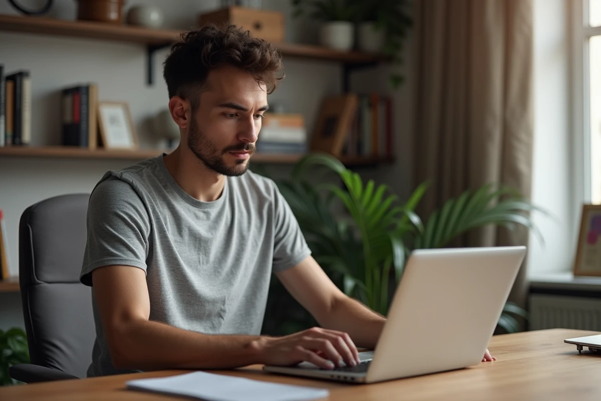 Homme changeant son adresse IP depuis son bureau à domicile avec un routeur Wi-Fi visible