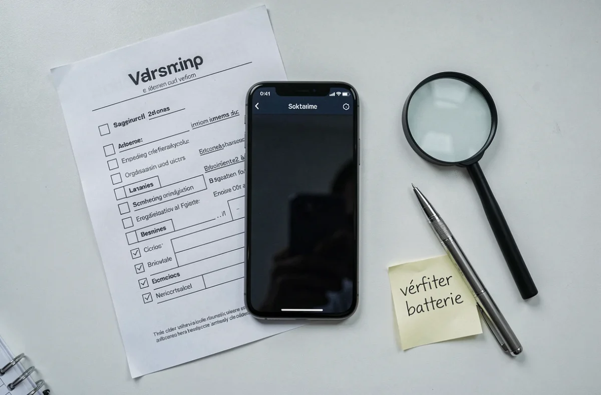 Vue aérienne d'un smartphone reconditionné posé sur un bureau avec une checklist d'achat et une loupe