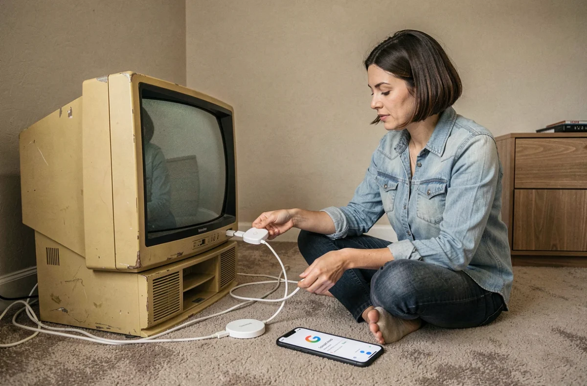 Femme connectant un Chromecast à un vieux téléviseur via un adaptateur composite dans un appartement