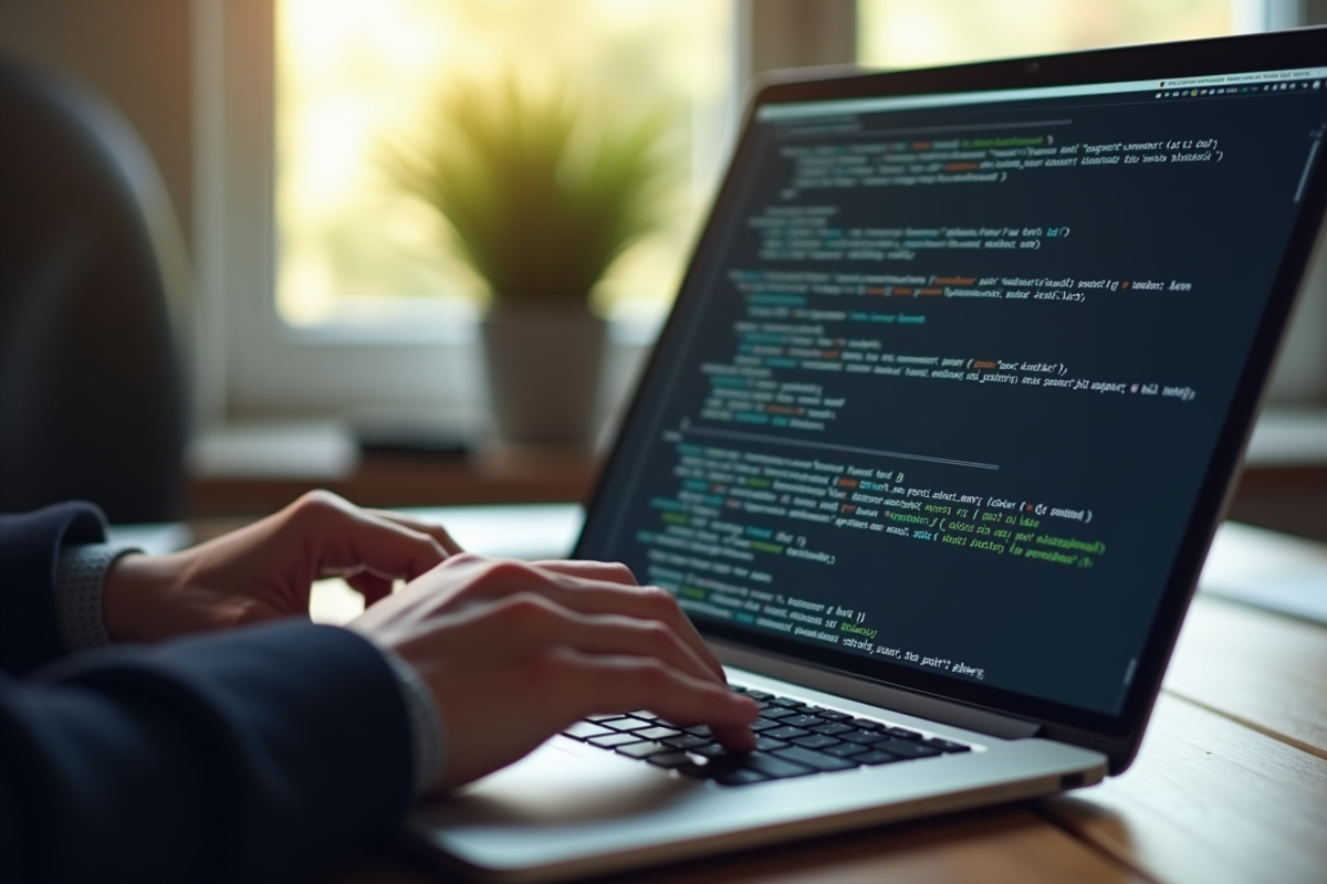 Mains tapant sur un clavier avec code et logs d