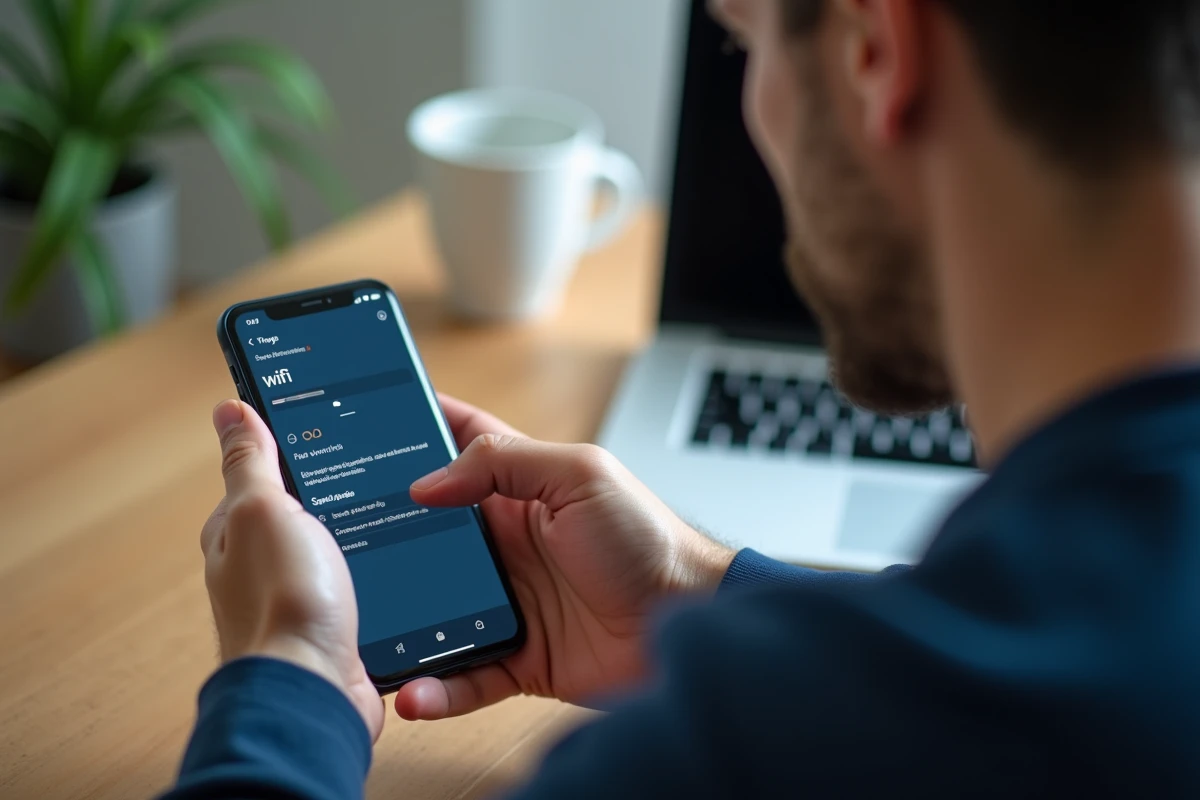 Homme consultant les paramètres Wi-Fi de son smartphone Android pour trouver la clé de sécurité réseau