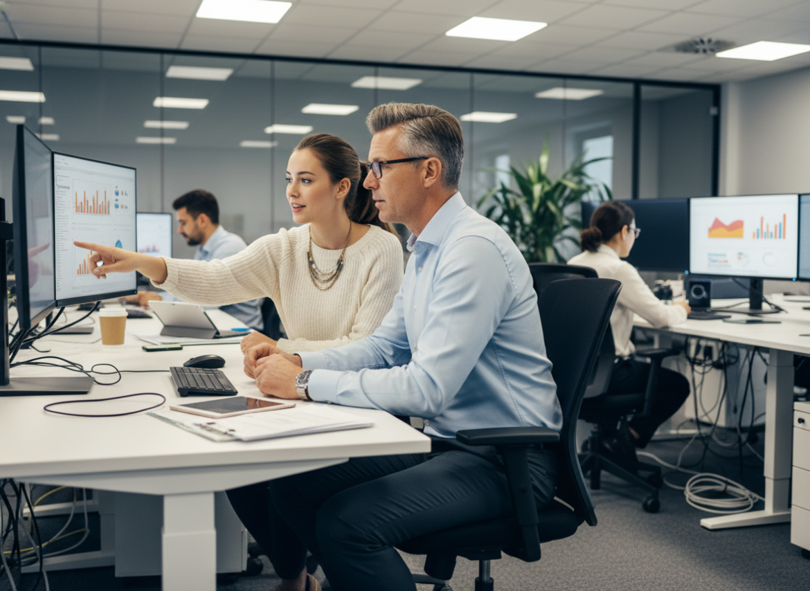 Homme d'affaires et femme en réunion dans un bureau moderne