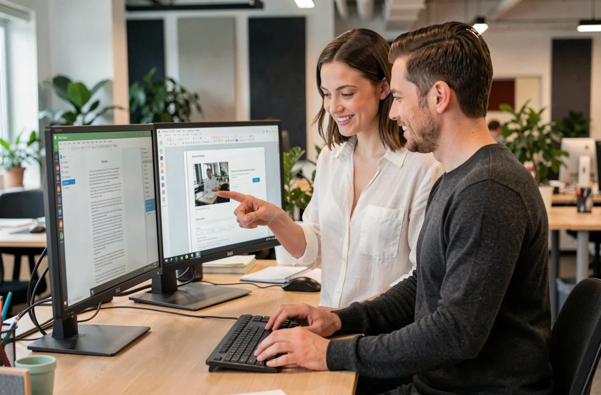 Deux collègues collaborant devant un double écran affichant un PDF multipage avec une fenêtre d'insertion d'image ouverte dans un bureau en open space