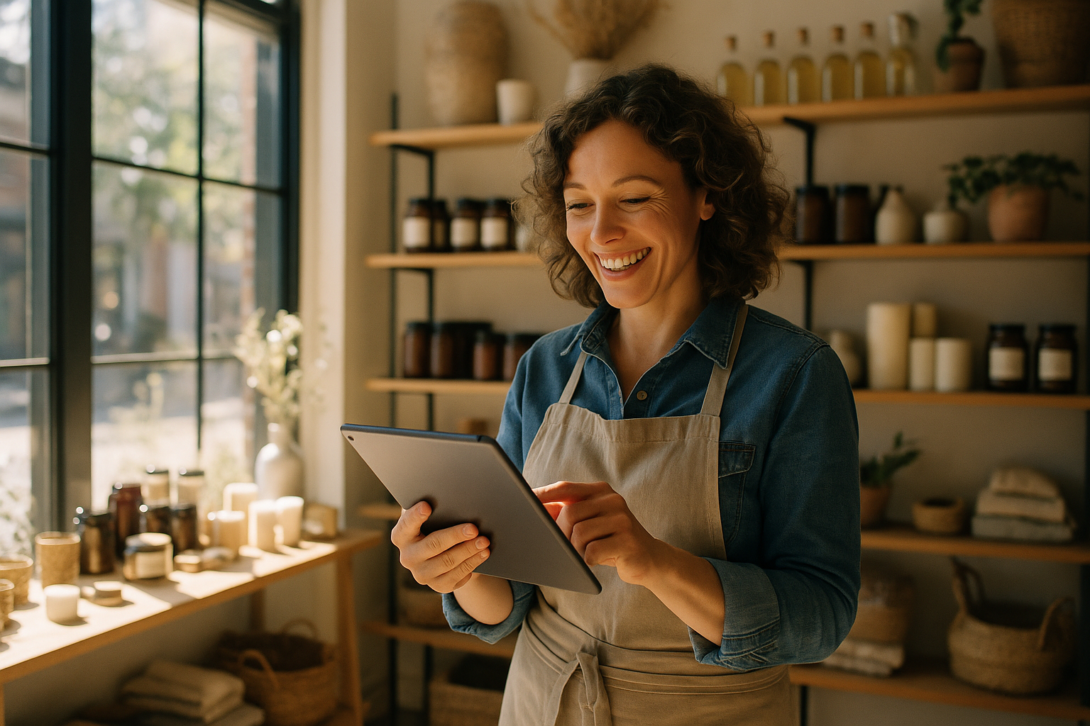 Commercant utilisant une tablette pour gérer ses clients dans sa boutique