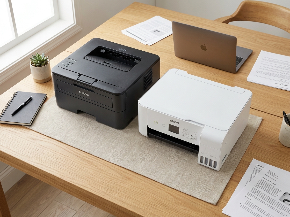 Vue du dessus d'un bureau home office organisé avec une imprimante laser et une imprimante jet d'encre côte à côte pour comparer les deux technologies