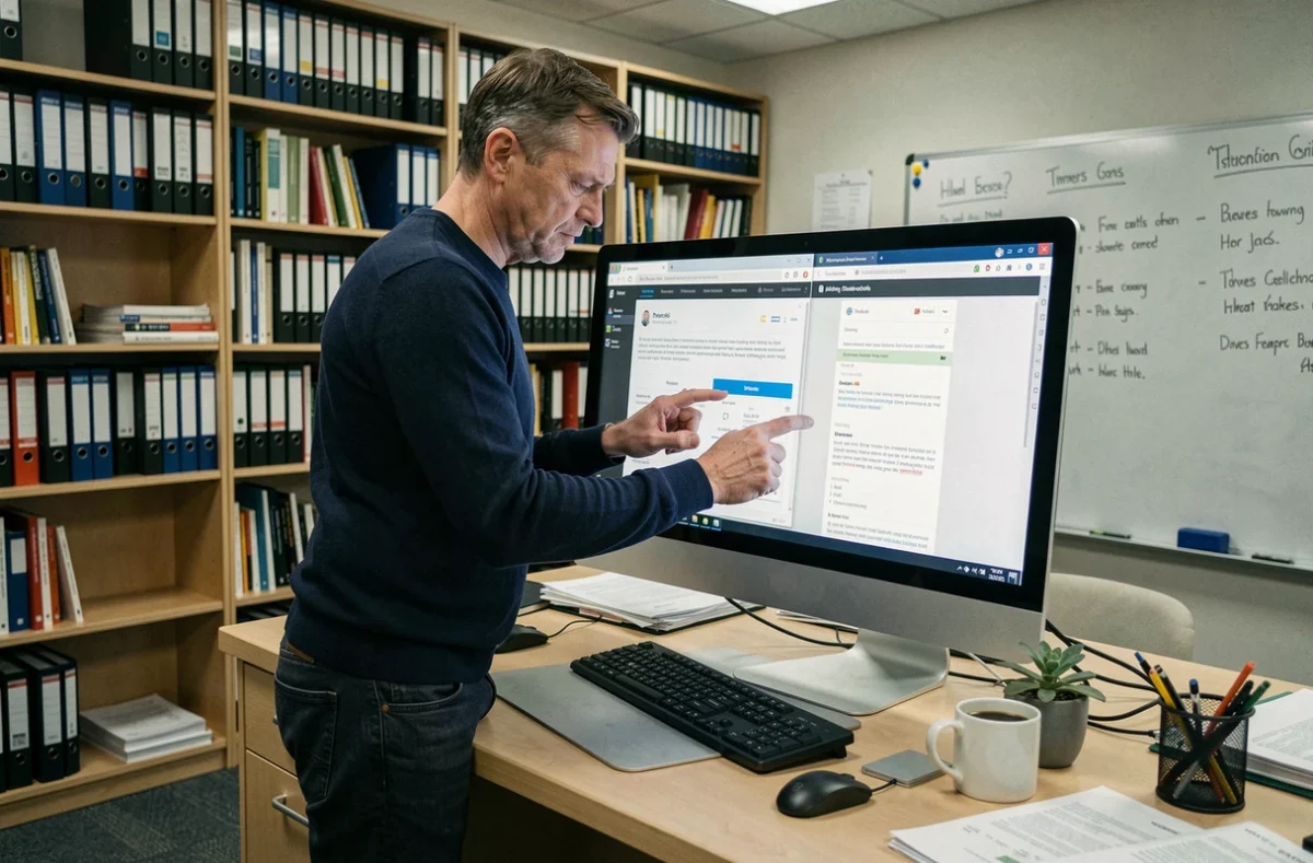 Enseignant comparant deux interfaces de messagerie académique sur un grand écran de bureau