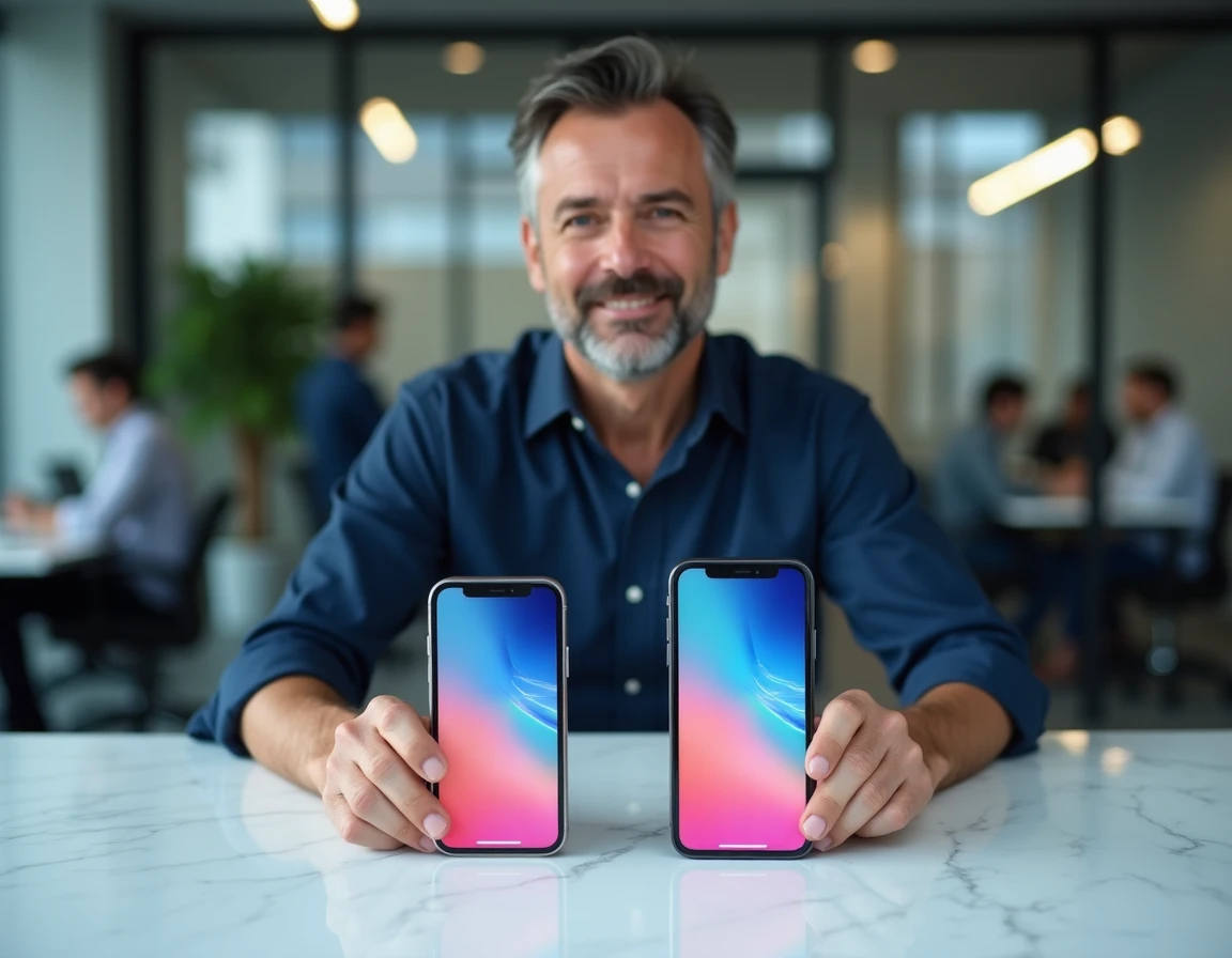 Comparaison de deux modèles d'iPhone posés côte à côte sur un bureau pour choisir le meilleur en 2026