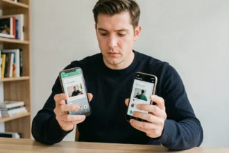 Homme comparant deux smartphones Android côte à côte dans un bureau minimaliste, illustrant les différences entre le Samsung Galaxy S24 et le S23 en 2026