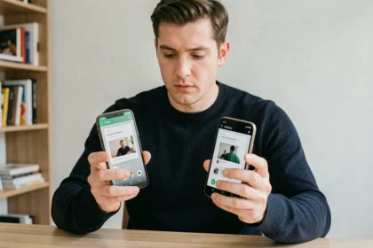 Homme comparant deux smartphones Android côte à côte dans un bureau minimaliste, illustrant les différences entre le Samsung Galaxy S24 et le S23 en 2026