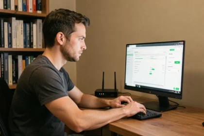 Homme configurant les paramètres DNS sur un ordinateur de bureau pour bloquer les publicités via son réseau domestique