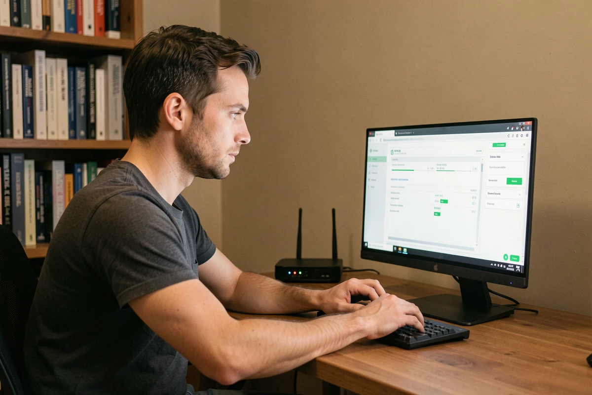 Homme configurant les paramètres DNS sur un ordinateur de bureau pour bloquer les publicités via son réseau domestique