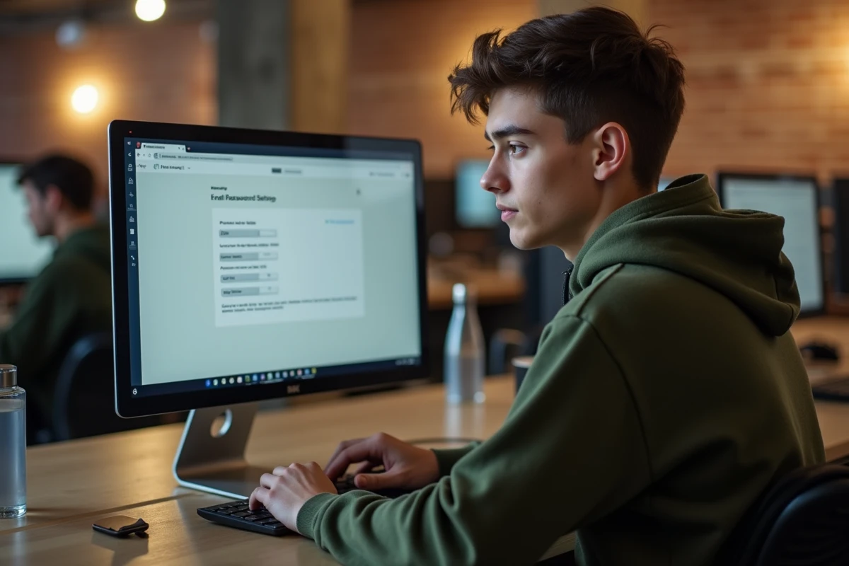 Jeune adulte configurant les paramètres de sécurité et le mot de passe d'un compte Yahoo dans un espace de coworking