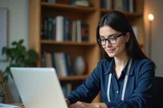 Employée universitaire configurant le webmail Zimbra sur son ordinateur portable dans un bureau académique avant la rentrée 2026