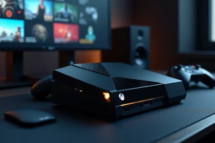Concept de console Xbox nouvelle génération posé sur un bureau tech minimaliste avec manette et écran 4K en arrière-plan