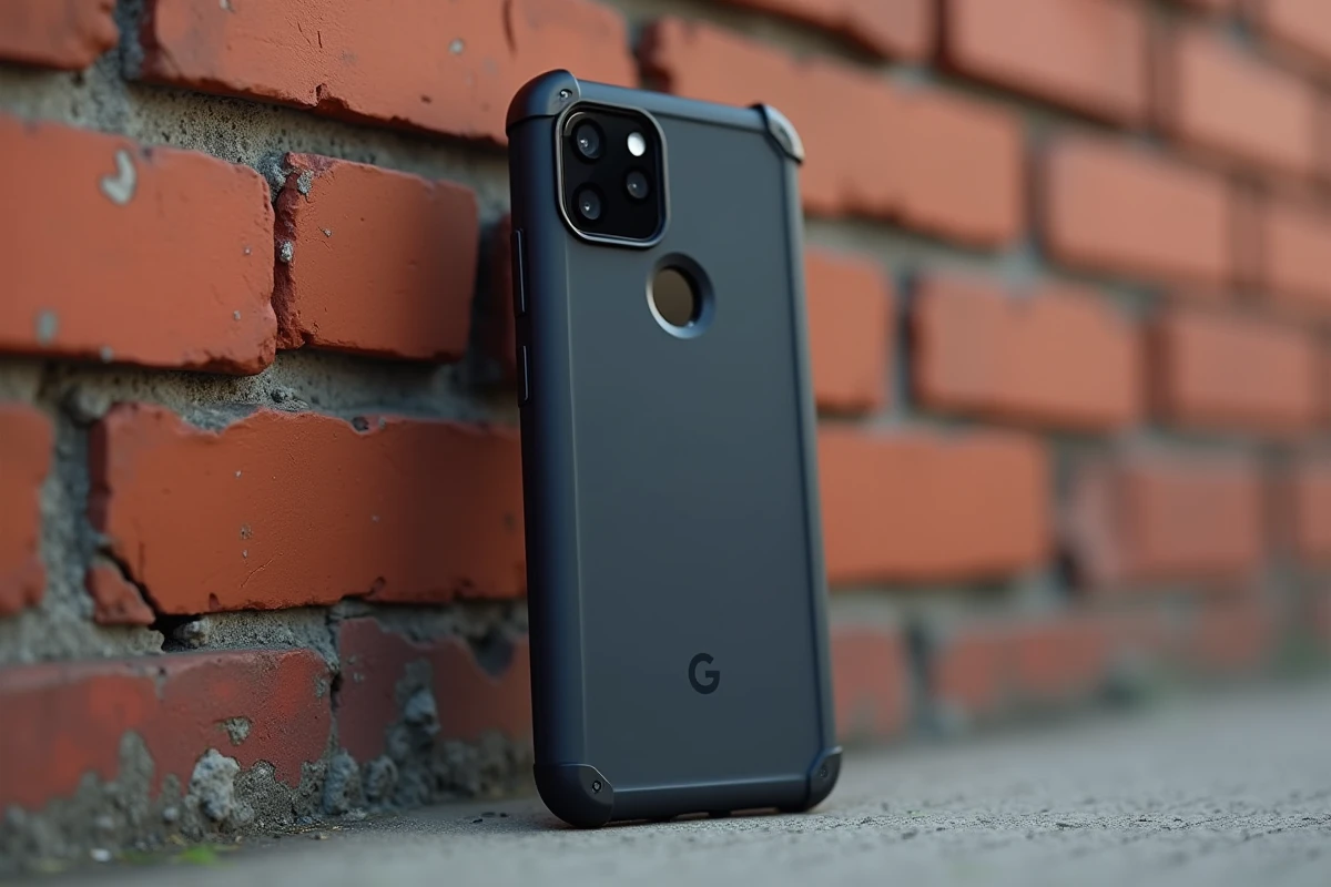 Coque robuste noire avec bumpers renforcés pour Google Pixel 8a devant un mur de briques urbain