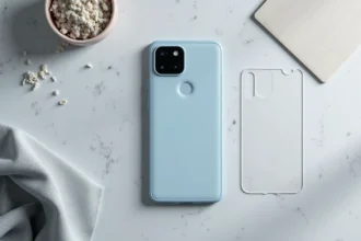 Coque transparente et verre trempé pour Google Pixel 8a posés sur une surface en béton gris